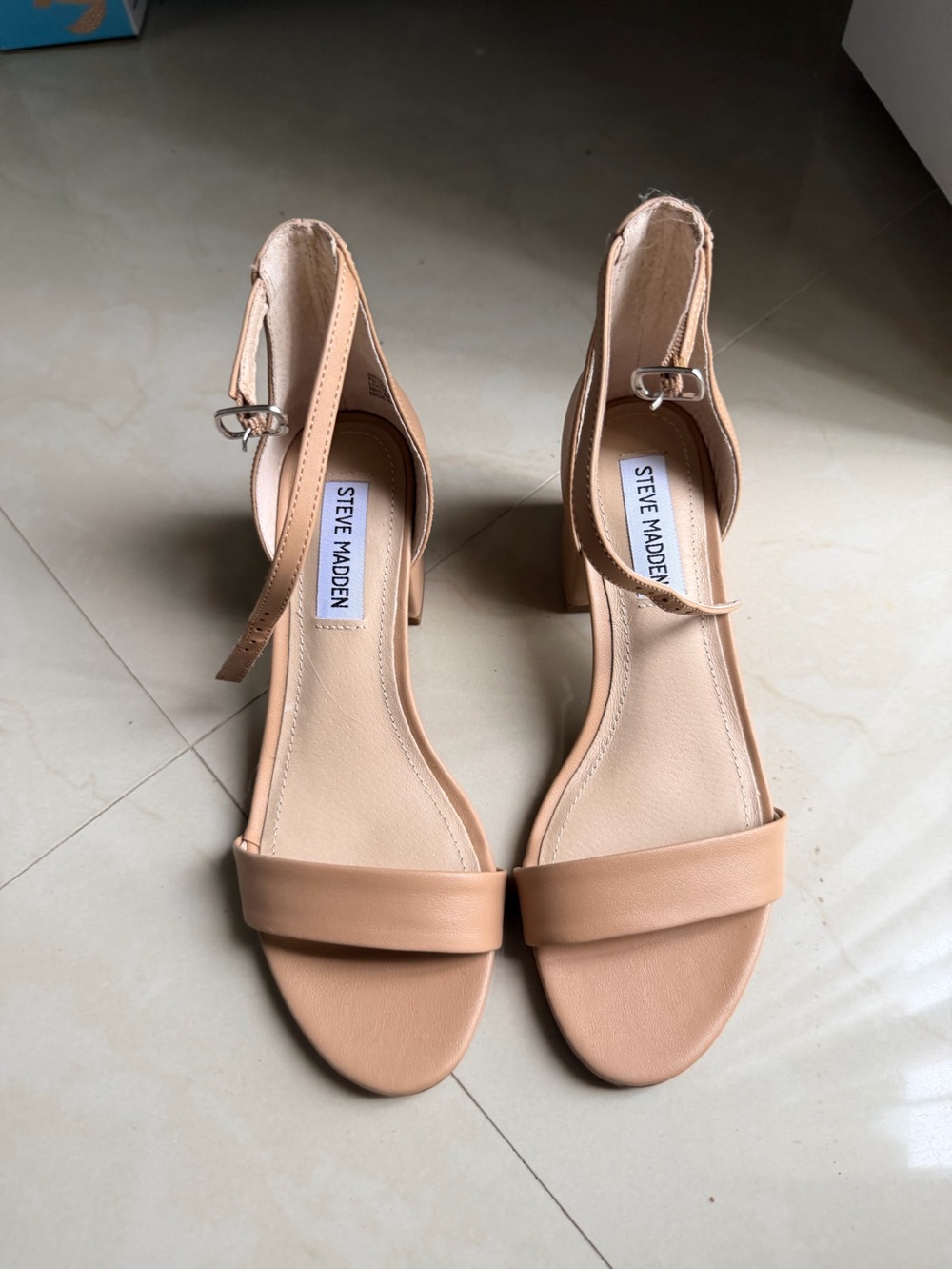 Steve Madden Beige Ankle-Strap Block Heel Sandals